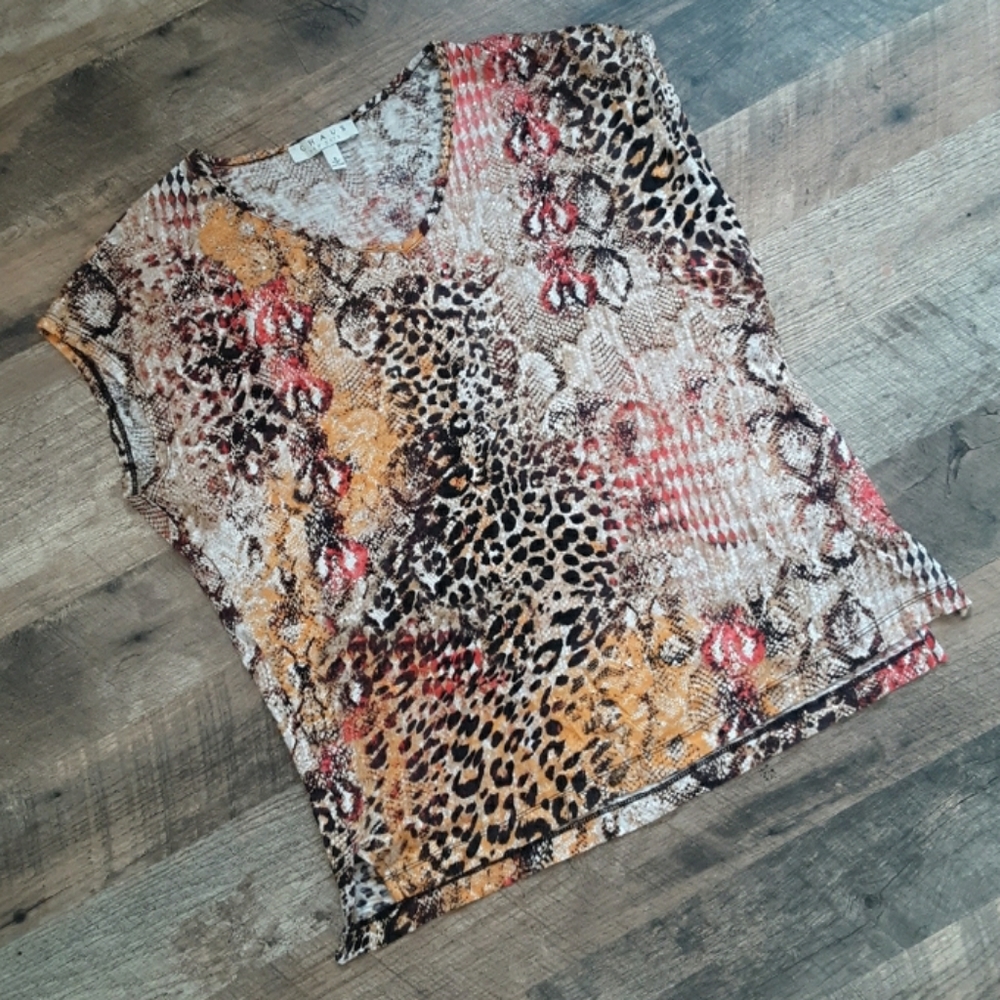 Chaus Animal Print Sleeveless V neck Top Jeweled Front Size Small